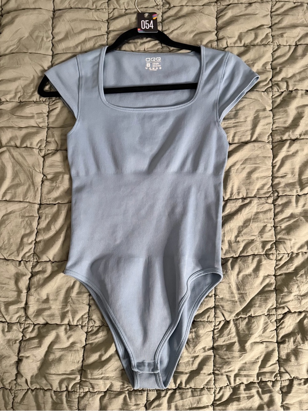 OQQ Women’s Square Neck Light Blue Short Sleeve Bodysuit